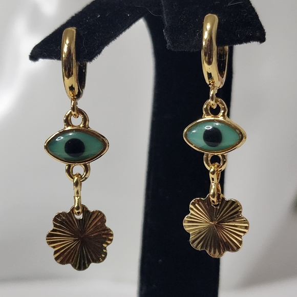 Gold Filled Huggie Evil Eye Dangle Earrings - Picture 4 of 7